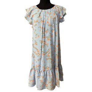 CeCe Dress Medium Women’s Blue Floral Ruffle Short Sleeve Washable NEW $129